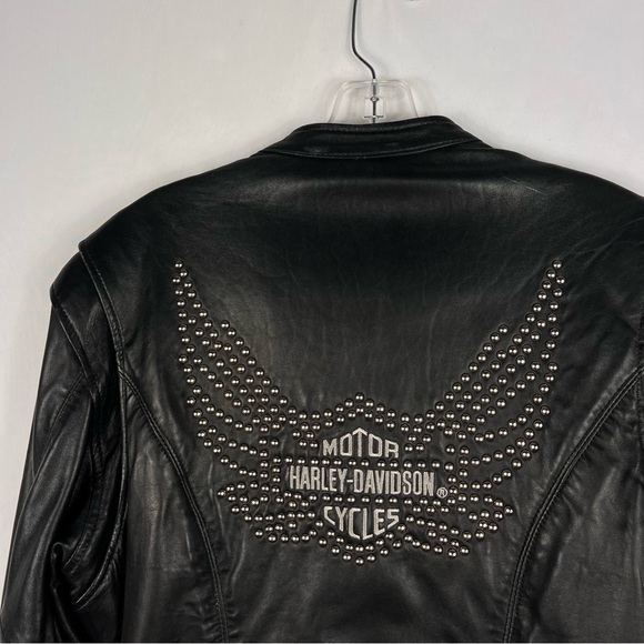 Harley Davidson Black Soft Leather Zip Front Studded Angel Wing Logo Jacket M - Picture 2 of 6
